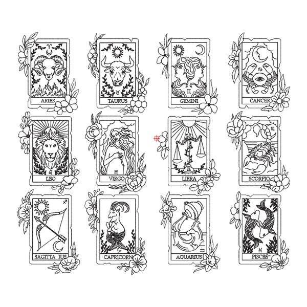 Individual 12 Tarot Carts Embroidery Designs, 7 size, Tarot Carts Machine Embroidery Design File, Line Art Tarot Carts, Astrology Embroidery