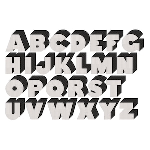 May include: A complete alphabet in a 3D design, featuring white letters with black shadow effects. The letters are arranged in rows and columns against a white background. The font has a textured appearance.