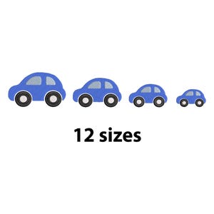 May include: Four blue car designs with black and white wheels are displayed in descending size order. The text "12 sizes" is printed in black below the cars. The cars have a simple, cartoon-like appearance.
