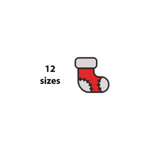 May include: A red Christmas stocking with a white cuff and toe, outlined in black. The text "12 sizes" is displayed to the left of the stocking. The stocking has a stitched design and is set against a white background.