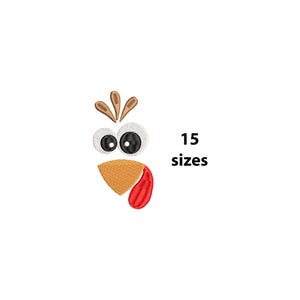 May include: Embroidered turkey face with brown feathers, large white eyes with black pupils, a tan beak, and a red wattle. The text "15 sizes" is displayed in black.