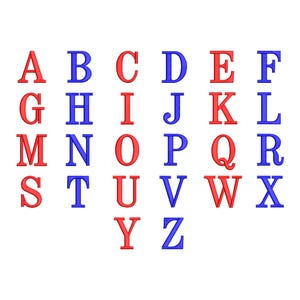May include: A complete set of twenty-six uppercase English alphabet letters arranged in a grid. The letters alternate between red and blue colors, featuring a classic serif font style. Each character is distinct, ranging from A through Z.
