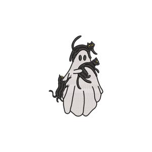 May include: A white ghost with three black cats climbing on it. The ghost has a friendly face and the cats have yellow eyes.