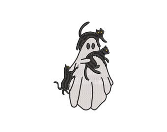 Desenho de bordado de gato fantasma segurando, 10 tamanhos, desenho de bordado de máquina fantasma, arquivos de bordado de gato de Halloween, bordado de Halloween