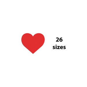 May include: A red heart shape on a white background. The text "26 sizes" is displayed in black, next to the heart. The image is simple and clean, with a focus on the heart symbol.