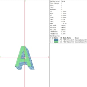 May include: A 3D rendering of the letter "A" in a light green color, with a blue outline. The image is a digital design, likely for embroidery or a similar craft. The design is set against a white background.