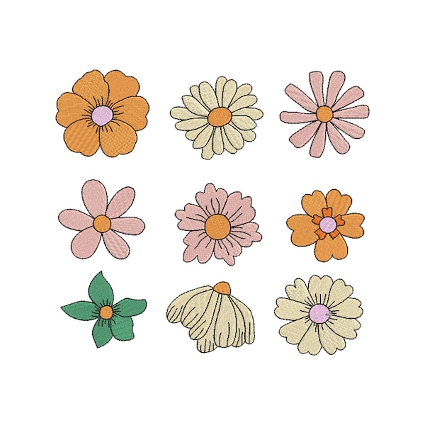 9 einzelne Mini Boho Blumen Stickdatei, 7 Größen, Mini Boho Blumen Stickerei, Blumenstickerei