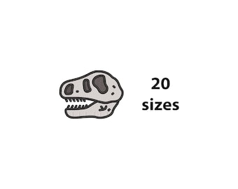 Mini broderidesign med dinosaurieskalle, 20 storlekar, maskinbroderifil med dinosaurie, Halloweenbroderi, dödskallebroderi, förpackad fil ingår