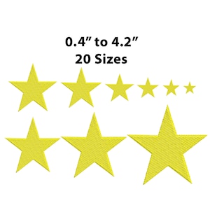May include: A collection of yellow embroidered star patches in various sizes, ranging from 0.4 inches to 4.2 inches, with the text 0.4" to 4.2" 20 Sizes displayed above the stars to indicate the available dimensions for these fabric appliqués.