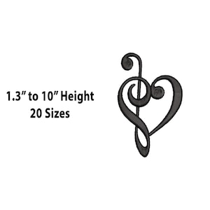 May include: Black and white embroidery design of a treble clef and heart, available in 20 sizes from 1.3 inches to 10 inches in height.