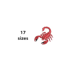 Pode incluir: Um escorpião bordado vermelho com garras pretas e uma cauda curva. A imagem inclui o texto "17 tamanhos" em preto, indicando as opções de tamanho disponíveis para o design. O escorpião é uma ilustração detalhada.
