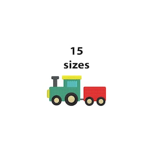 Puede incluir: Un colorido tren de dibujos animados con una locomotora verde, un techo amarillo y un vagón rojo. El tren tiene ruedas negras y una chimenea negra. El texto "15 tamaños" está encima del tren.