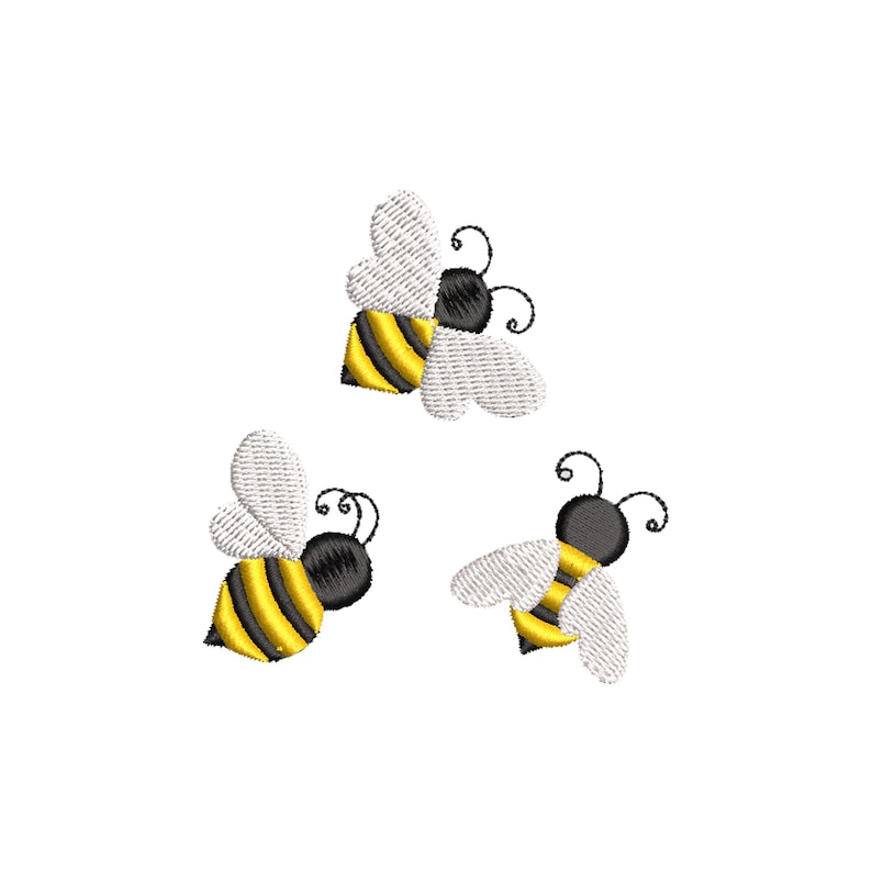 May include: Three embroidered bees with black and yellow stripes and white wings. The bees are flying in different directions.