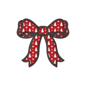 May include: A red bow with a white Christmas tree pattern. The bow has a black outline.