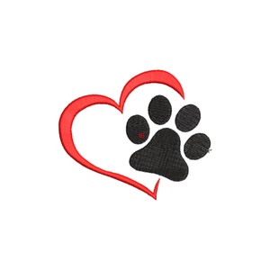 Pfote mit Herz Stickerei, 5 Größen, Pfote Hund Maschinenstickerei, Pfote gefüllter Stich, Hundestickerei