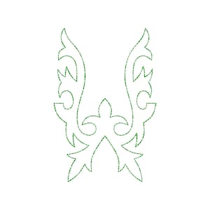 May include: A green, stylized floral design on a white background. The symmetrical pattern features curved lines and leaf-like shapes, creating an elegant, decorative element. The design is likely for embroidery or digital art.