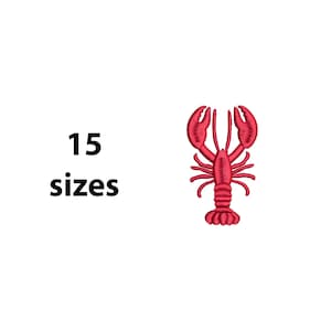 Puede incluir: Un diseño de langosta roja bordada. La imagen incluye el texto "15 tamaños" en negro, lo que indica la disponibilidad del diseño en varias dimensiones. La langosta es una ilustración detallada, perfecta para proyectos de temática náutica o costera.