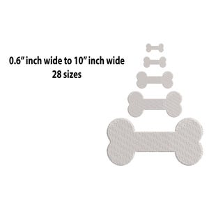 May include: A set of 28 dog bone embroidery designs in various sizes, ranging from 0.6 inches to 10 inches wide.