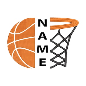 Puede incluir: Una pelota de baloncesto naranja con líneas blancas y un aro de baloncesto negro con red. La palabra "NAME" está escrita verticalmente en letras negras.