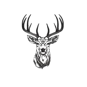 May include: Black and white line drawing of a deer head with large antlers.