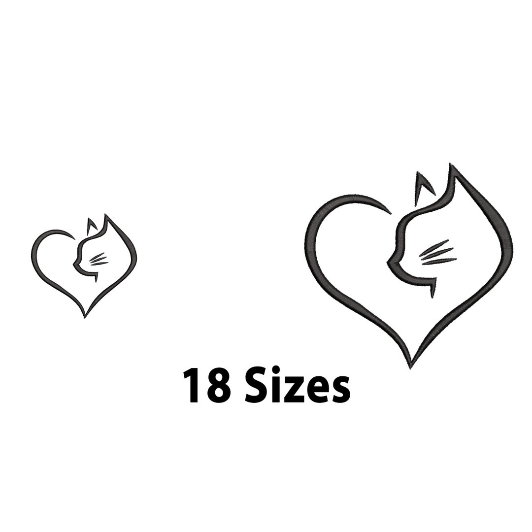 Mini to Large Cat in Heart Embroidery Design, 18 Sizes, Cat With Heart ...