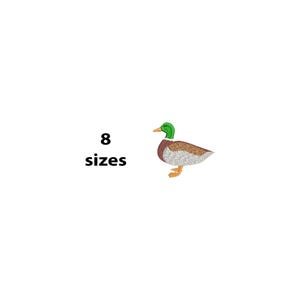 May include: An embroidered design of a mallard duck with a green head, brown body, and red chest. The duck is standing on a white background. Text on the left reads "8 sizes".