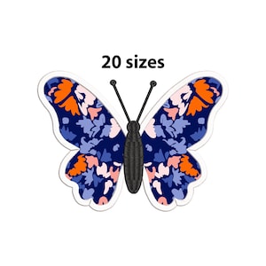 May include: A blue butterfly with orange and pink floral patterns on its wings. The butterfly is outlined in white and has black antennae.