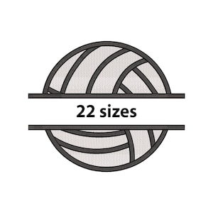 Può includere: Un design stilizzato di pallavolo con contorno nero e riempimento bianco, diviso da una barra orizzontale con il testo "22 taglie" in nero. Il design è su sfondo bianco.
