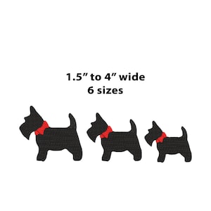 May include: Three black silhouette embroidery designs of Scottish Terriers wearing red bow ties. The designs are in three different sizes, 1.5" to 4" wide, and are available in six sizes.