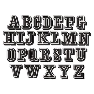 May include: A complete alphabet in bold, black letters with a white outline and a textured pattern. The letters are arranged in rows, from A to Z, against a white background. The font style is reminiscent of vintage designs.