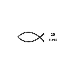Könnte beinhalten: Ein dunkelgraues Ichthys-Symbol, ein christliches Symbol, das einem Fisch ähnelt, auf weißem Hintergrund. Der Text "20 Größen" wird rechts vom Symbol angezeigt.