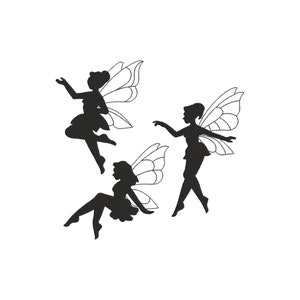 Peut inclure: Silhouettes de trois fées avec des ailes, chacune dans une pose différente. Les fées sont toutes tournées dans des directions différentes.
