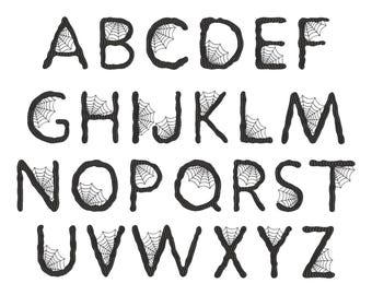 May include: A full alphabet in capital letters, each letter is black and outlined with a rope-like texture. Each letter has a spider web design in the corner. The letters are displayed on a white background.