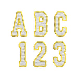 May include: White fabric letters and numbers with a yellow beaded outline. The image shows the letters A, B, and C, along with the numbers 1, 2, and 3. The design has a textured appearance.