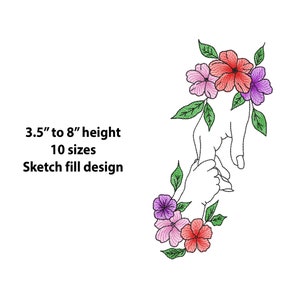 Floral Baby And Mom Holding Hands Embroidery Design, 10 Size, Mom And Baby Line Art Machine Embroidery, Quick Sketch Stitch Embroidery
