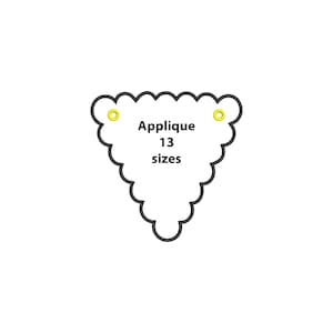May include: A black and white applique design in a triangular shape with a scalloped edge. The text "Applique 13 sizes" is centered within the design. Two yellow eyelets are visible at the top.