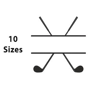 May include: Black and white embroidery design of two crossed golf clubs with space for a name in the center. The design is available in 10 sizes.