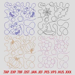 Może przedstawiać: Cztery różne bloki patchworkowe z różnymi wzorami. Lewy górny blok przedstawia pszczoły i koniczynę, prawy górny blok przedstawia pajęczynę i nietoperza, lewy dolny blok przedstawia dynie, a prawy dolny blok przedstawia kwiaty.