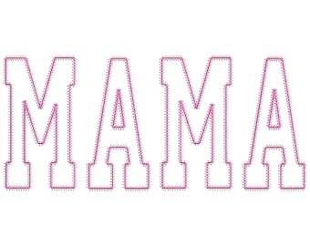 May include: A white background with the word "MAMA" in black outlined letters with a pink dotted outline.