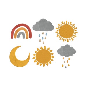 May include: A set of six embroidered designs featuring a rainbow, two suns, a crescent moon, and two clouds with raindrops. The designs are in a boho style with warm colors.