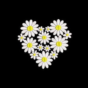 May include: A heart-shaped design composed of embroidered white daisies with yellow centers on a black background. The daisies vary in size, creating a textured and layered effect. The design is suitable for apparel or home decor.