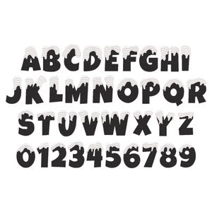 May include: A complete alphabet and number set in a black, textured font, each letter and number topped with a white, wavy design. The letters are from A to Z, and the numbers are from 0 to 9.