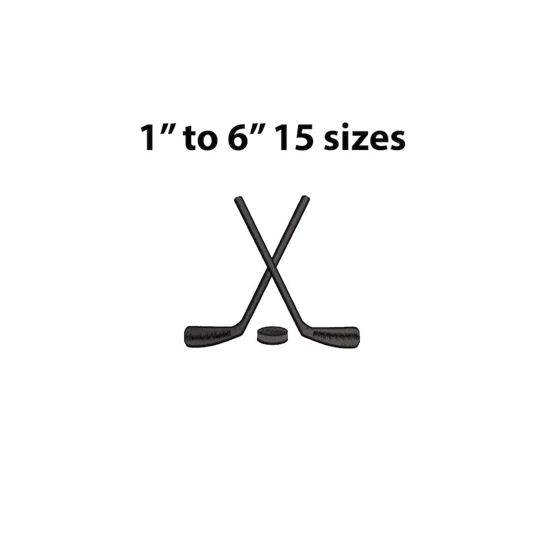 May include: Black hockey sticks crossed over a black puck. 1" to 6" 15 sizes.