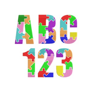 May include: Colorful puzzle-piece letters and numbers against a white background. The letters ABC and numbers 123 are each composed of multiple puzzle pieces in various colors, including green, red, blue, and yellow. Educational theme.