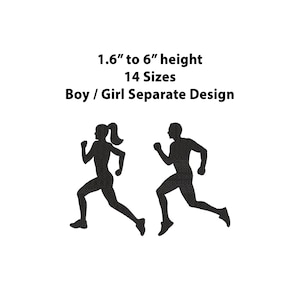 May include: Black silhouette of a running boy and girl. The image includes the text: "1.6" to 6" height, 14 Sizes, Boy / Girl Separate Design."