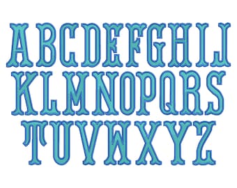 May include: A full alphabet displayed in a decorative font, using a two-tone blue colour scheme. The letters are outlined in a darker blue, with a lighter blue fill, creating a dimensional effect. The font has a vintage, ornate style.