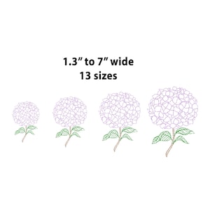 May include: Four embroidered hydrangea designs in varying sizes, ranging from 1.3" to 7" wide, with 13 size options. The flowers are light purple with green leaves and stems, set against a white background.