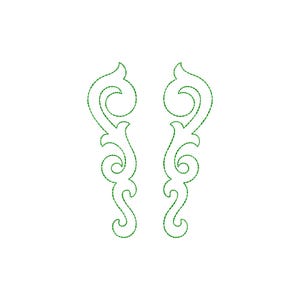 May include: Two symmetrical green decorative scroll designs on a white background. Each design features a series of curved lines and swirls, resembling stylized plant elements. The designs are vertically oriented and have a stitched appearance.