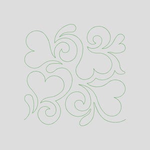 May include: A green line drawing of a decorative design with hearts and swirls.