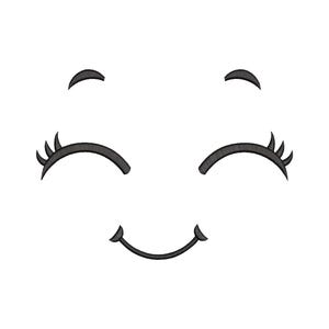 May include: A simple black and white cartoon face with closed eyes and a smiling mouth.